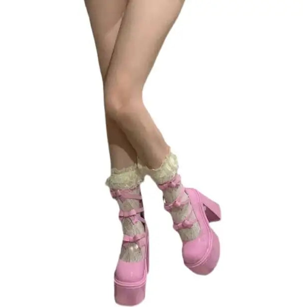 LBSFY  -  Cute Girls Pink Leather Bow Ties Round Toe Thick Bottom Mary Jane Shoes Woman Retro Chunky Heels Hollow Cuts Out Muller Pumps