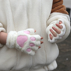 Lbsfy Cartoon Cat Paw Gloves Winter Cute Girl Open Finger Gloves Women Plush Warm Mittens Thickened Fluffy Bear Paw Half Finger Gloves