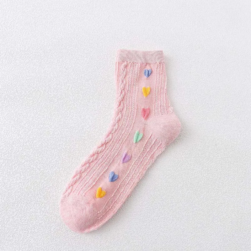 Lbsfy Women's Socks Spring Summer Love Print Mid-tube Korean Sweet Style Kawaii Cute Harajuku Solid Color Long Socks For Girls Gift