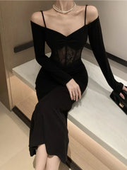 LBSFY -French Sexy Bodycon Knitted Mermaid Dresses Women Hollow Out Spaghetti Strap Corset Slim Waist Evening Party Dress Prom Vestidos