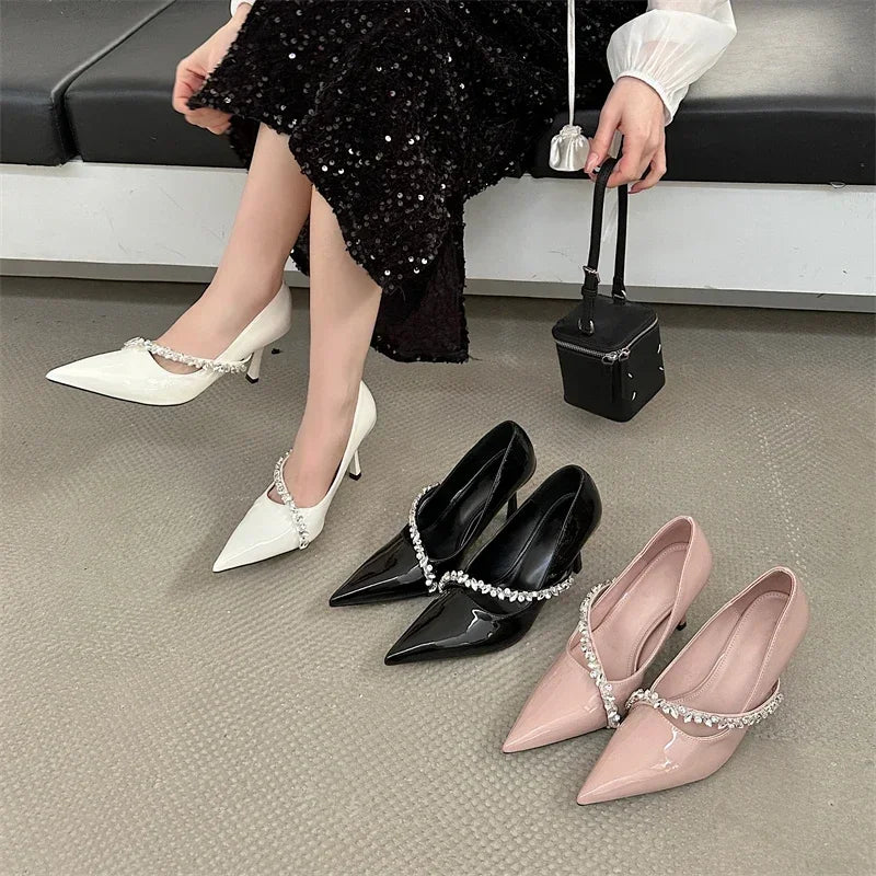 Lbsfy Rhinestone Chain Sexy Thin High Heels Women Pointed Toe Pumps Office Shoes Female Fashion Elegant Dress Shoes Zapatos De Mujer