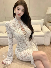 LBSFY -Autumn Sexy Long Sleeves Party Dress for Women Elegant Hollow Out Lace Bandage Bodycon Prom Vestidos Female Split Robe Outfits