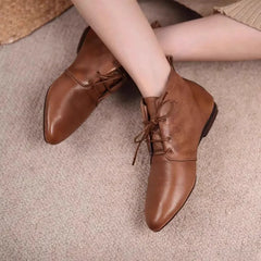 LBSFY -Women's Ankle Boots Solid Color Leather 2026 Autumn Fashion Pointed Toe Lace-up Flat Boots for Women Casual Retro Sewing Shoes