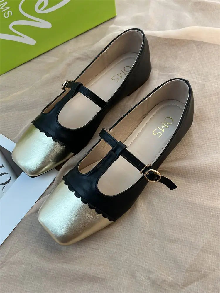 LBSFY  -  T-strap Mary Janes Shoes for Women Pu Leather Ptachwork Elegant Flats Shoes Spring Autumn Square Toe Loafers Female Shoes 2024