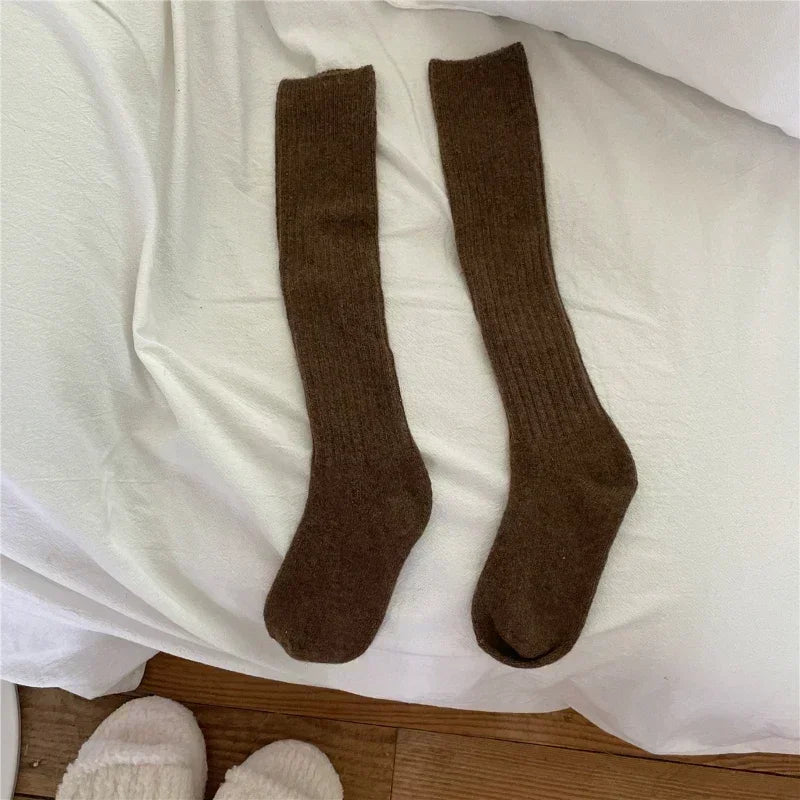 Lbsfy Wool Long Socks Cashmere Women Boot Solid Wool Thigh Stocking Skinny Casual Cotton Over Knee-High Fluffy Female Long Knee Sock