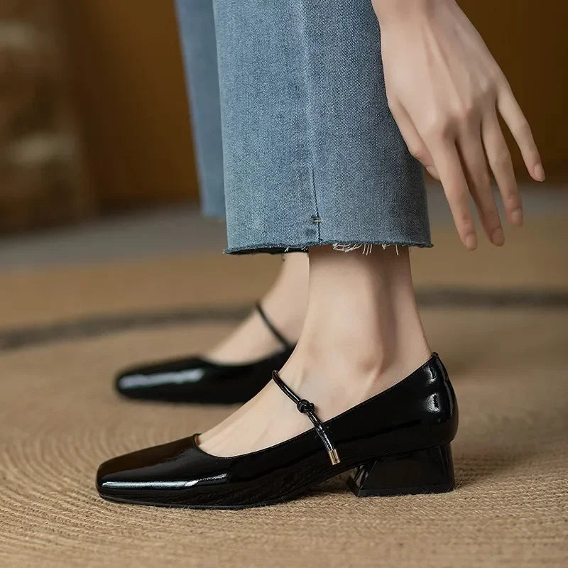 LBSFY -Elegant High Heels French Dress Party Shoes for Woman Platform Patent Leather Mary Jane Burgundy Black Square Toe Mid-heel Pumps