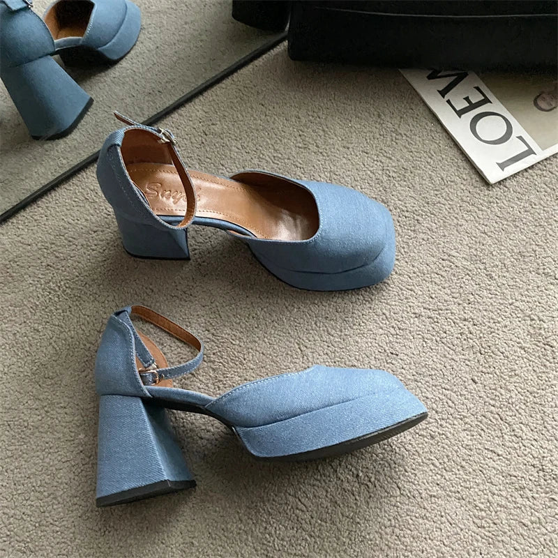LBSFY  -   Spring New Brand Women Sandal Shoes Fashion Round Toe Close Toe Ankel Strap Mules Square High heel Dress Pumps