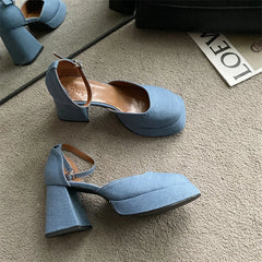 LBSFY  -   Spring New Brand Women Sandal Shoes Fashion Round Toe Close Toe Ankel Strap Mules Square High heel Dress Pumps