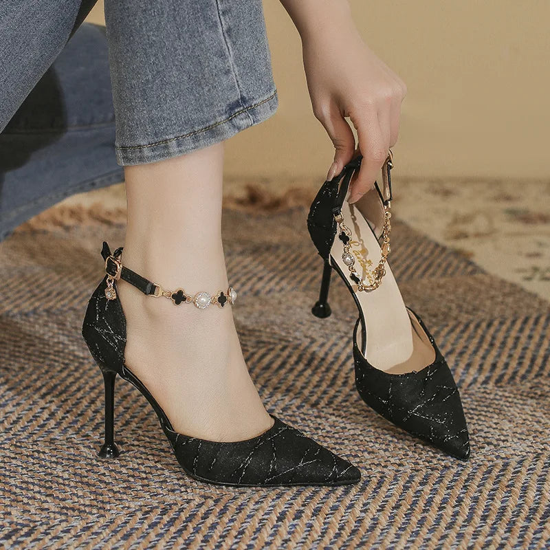 LBSFY  -  Small Size 31-43 Ankle Strap Sandals Large Size Pointed High Heels Women Thin Heel Black Shoes