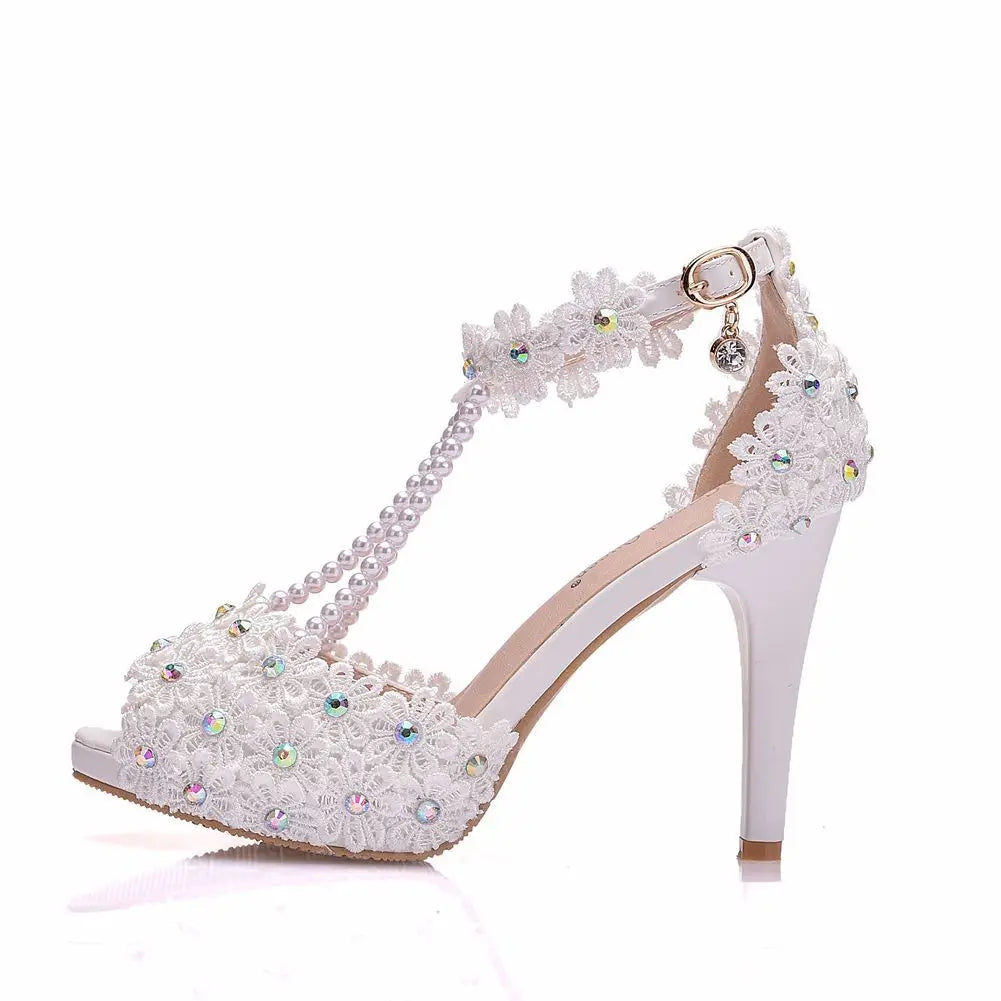 LBSFY  -  Women Sweet Fashion White Colored Floral Stiletto Party Tassel Bridal Wedding Shoes Ankle Strap High Heels