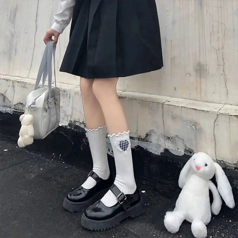 Lbsfy Socks Women Cotton Lolita Harajuku White Black Students Lovely Cute Kawaii Ruffle Calf Sock Love Female Grid Girls Gift Stocking