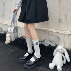 Lbsfy Socks Women Cotton Lolita Harajuku White Black Students Lovely Cute Kawaii Ruffle Calf Sock Love Female Grid Girls Gift Stocking
