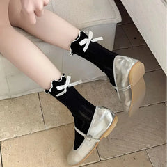 Lbsfy Cute Bowknots Cute Ruffle Socks Women Lolita Sweet Girls Kawaii Socks JK Japanese Styles Solid Color Black White Gray Long Socks