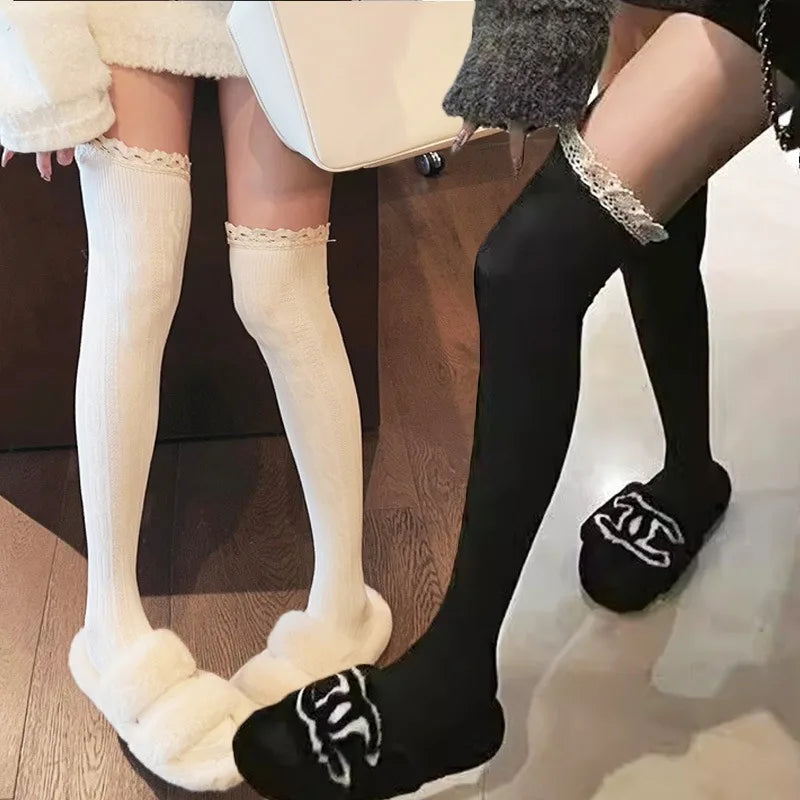 Lbsfy Academic Style Sexy Vintage Lace Long Knee Socks Premium Feel Light Luxury Warm Black White Grey Over Knee Thigh High Stockings