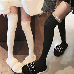 Lbsfy Academic Style Sexy Vintage Lace Long Knee Socks Premium Feel Light Luxury Warm Black White Grey Over Knee Thigh High Stockings