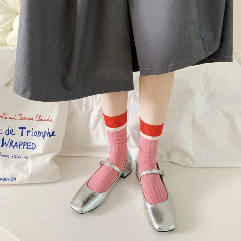 Lbsfy Fashionable Colorblocking Middle Tube Socks Girls Color Contrast Crew Sock Ins Popular Women's Socks Trendy Long Socks Woman