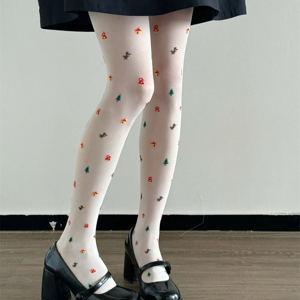 Lbsfy Sweet Jacquard Lolita Tights for Girls Japanese Sweet JK Students Pantyhose Women White Black Elastic Slim Leggings Stockings