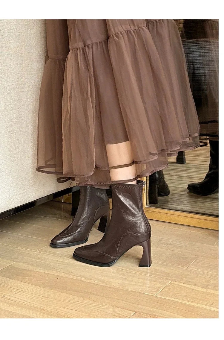 LBSFY -2025 Vintage High Heel Women Ankle Boots Fashion Square Toe Short Booties Autumn Winter Ladies Shoes Botas Mujer