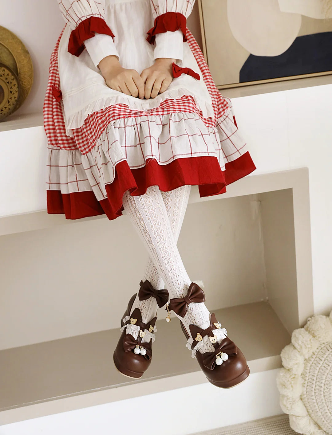 LBSFY  - new women shoes plus size 22-28cm feet length Lace Bow Buckle cute lolita girls shoes cartoon bear pearl mary jane shoes