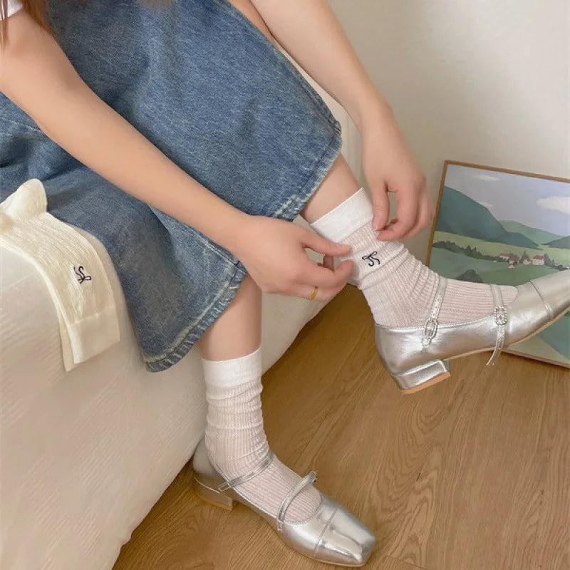 Lbsfy Women's Socks Mid-tube Spring Summer White Thin JK Solid Colors Harajuku Fashion Kawaii Girls Ballet Hollowed-out Bow Socks
