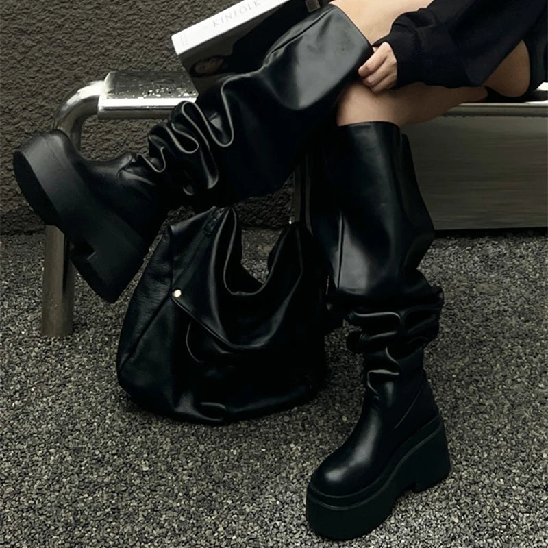 LBSFY  -  Winter Chunky Women Knee High Boots Fashion Slip On Pleated Long Booties Square Heels Party Dress Ladies Shoes