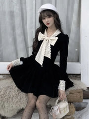 LBSFY -Autumn Velvet Mini Dress for Women French Vingate Bow Neck Lace Patchwork Evening Party Dresses Korean One Piece Vestidos Mujer