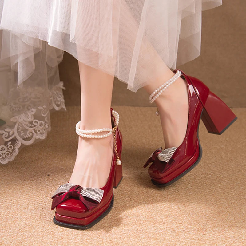 LBSFY  -  Fashion Pearl Strap High Heels Pumps Women Patent Leather Crystal Bowknot Party Shoes Woman Square Toe Thick Heel Mary Janes