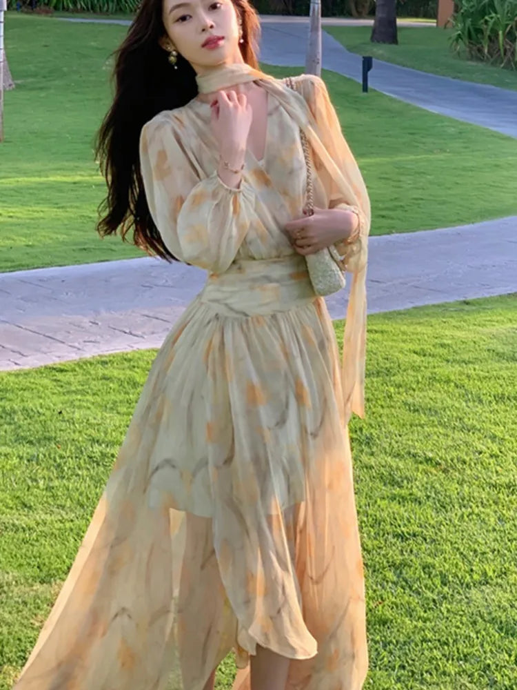 LBSFY -Elegant V-neck Puff Sleeve Yellow Floral Dress Y2K Women Chiffon Waist-fitted Slim Long Dresses Korean Femme Clothings Summer