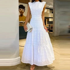 LBSFY  -  Women Casual Flying Sleeve Solid Maxi Dress Elegant Embroidery Hollow Out Long Dress Fashion Half High Collar Pleat Party Dress