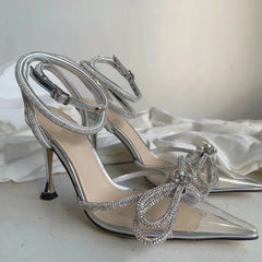 LBSFY  -  Transparent Pvc Crystal Bowknot High Heels Brand Designer Pointed Toe Stiletto Rhinestone Bow Strap Sandals Ladies Party Pumps