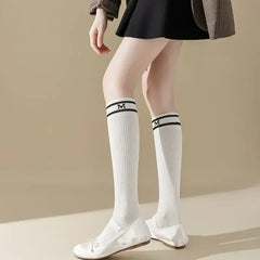 Lbsfy Cotton Women Stockings Japanese Style School Girls Long Socks Stocking Letter Embroidery Solid Color Black White Gray Knee Socks