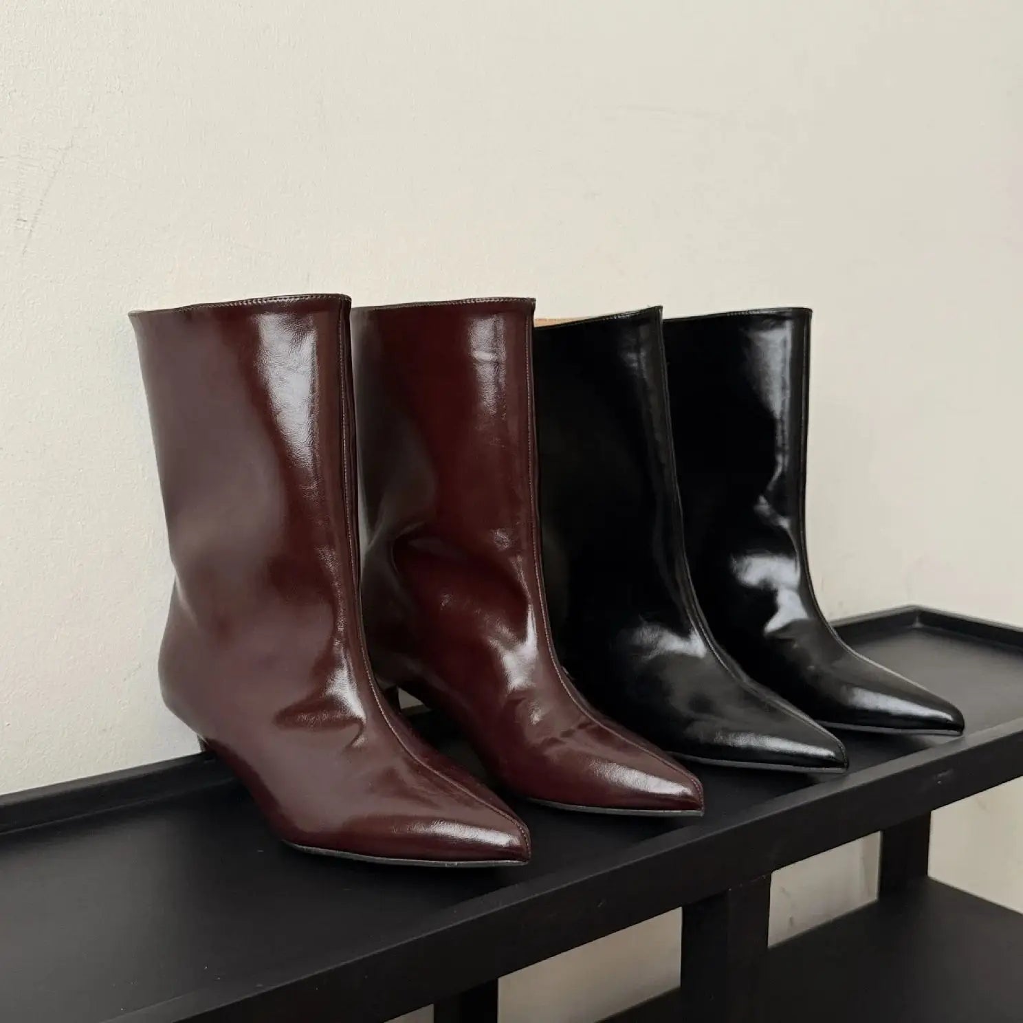 LBSFY  -   Burgundy Wide Calf Boots Ankle PU Leather Pointed Toe Thin Heels Winter Boots Women