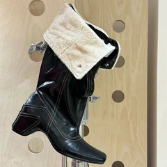 LBSFY  -   Fashion Autumn Winter Leather Warm Fur Belt Buckle Women Mid-calf Boots Vintage Sewing High heels Western Cowboy Knight Boots