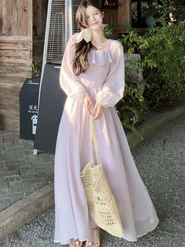 LBSFY -Elegant French Romantic Ruffles Chiffon Purple Women's Dresses Square-Collar Slim Waist Long Sleeves  korean Dress Vacation New