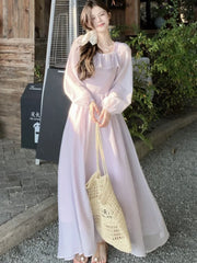 LBSFY -Elegant French Romantic Ruffles Chiffon Purple Women's Dresses Square-Collar Slim Waist Long Sleeves  korean Dress Vacation New