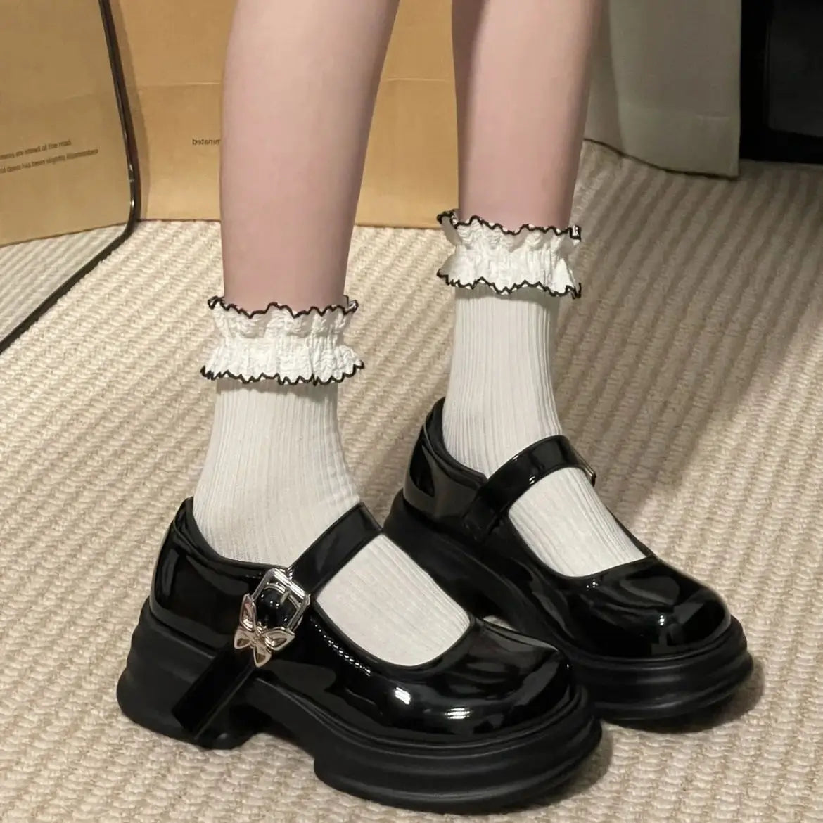 LBSFY -Lovely Girl Lolita Mary Janes,Female Students Mid Heels Butterfly Buckle Elevator Shoes