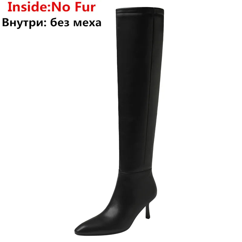 LBSFY  -  2024 New Fashion Slip On Over The Knee Boots Pleated Genuine Leather Boots For Women Thin High Heels Winter Boots
