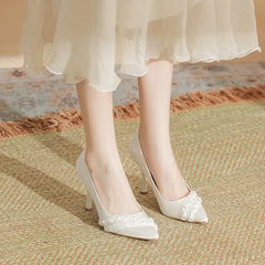 LBSFY  -  Size 30-44 White Wedding Shoes Sardine Satin Pointed Toe Stiletto Heels Women Pearls Dress Sheos