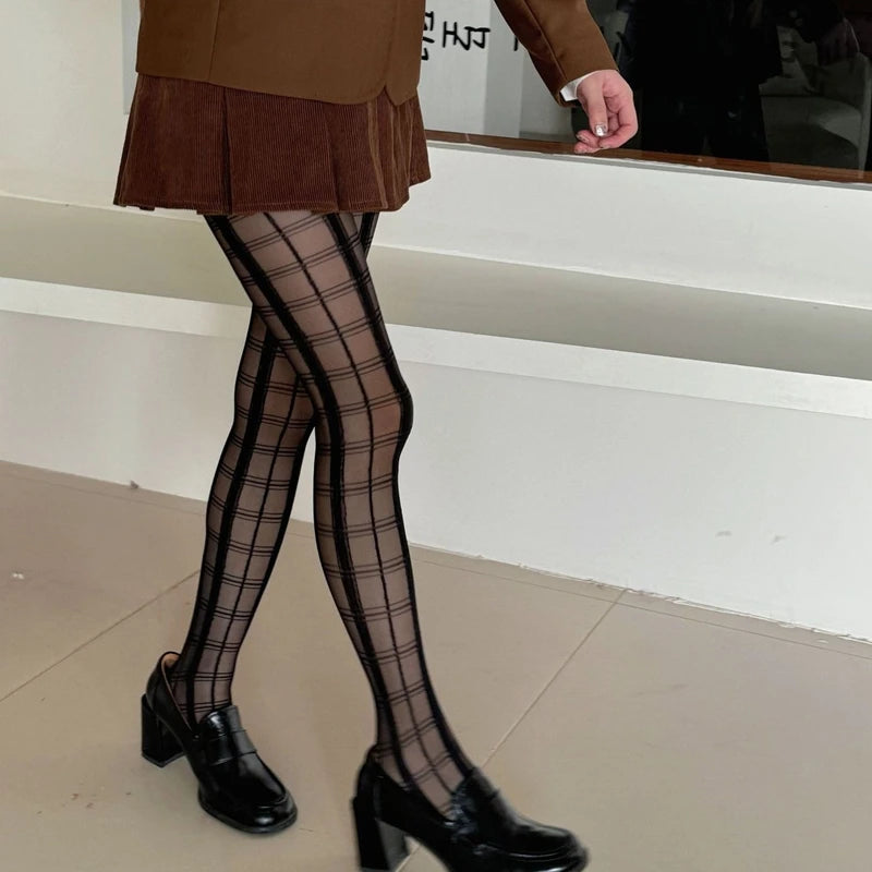 Lbsfy Black Plaid Pattern Stretchy Tights JK Ultra-thin Pantyhose Women's Stockings Ladies Party Club Slimming Socks Underwear
