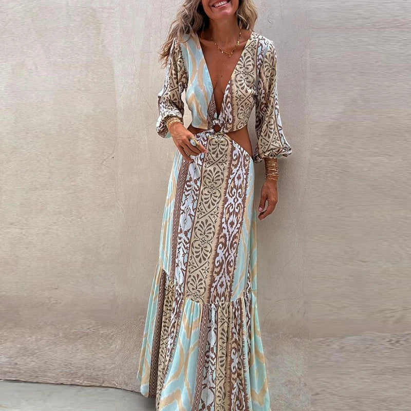 LBSFY  -  Casual Bohemian Holiday Maxi Dress Sexy Deep V Hollow High Waisted Beach Dress Spring Summer Long Sleeved Pleated Women's Dress