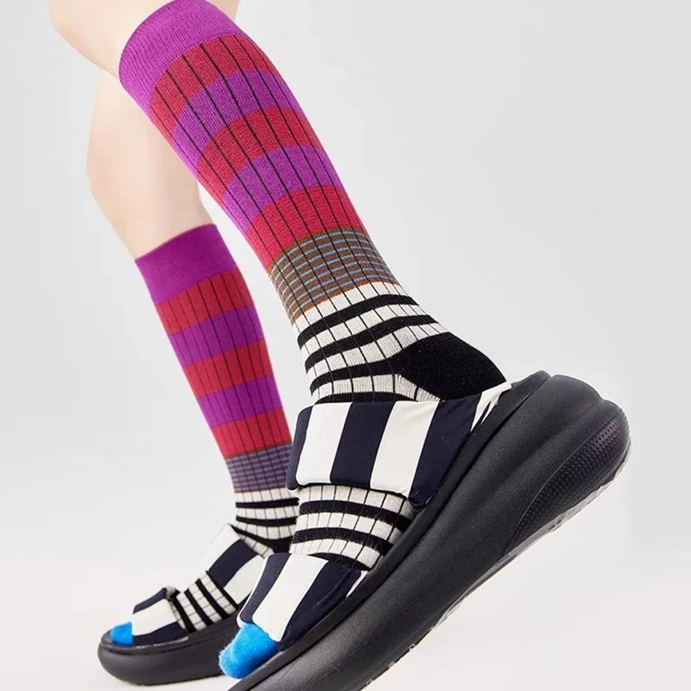 Lbsfy Gradient Striped Autumn Winter Long Socks Woman Colorful Retro Calf Socks Cotton High Tube Stockings Girls Casual Pile Socks