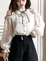 LBSFY -Women Fashion Elegant Casual Blusas Mujer Long Sleeve Webbing Tops O-neck Ruffles Bandage Lace Up Summer Sweet Chic 2025 Clothes
