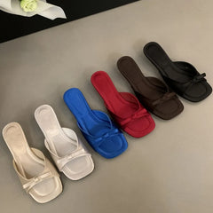 LBSFY - New Comfortable Low Heel Square Head Sandals Sweet Bow Silk Thick Heel Slippers Ladies Outwear Beach Slides Mujer
