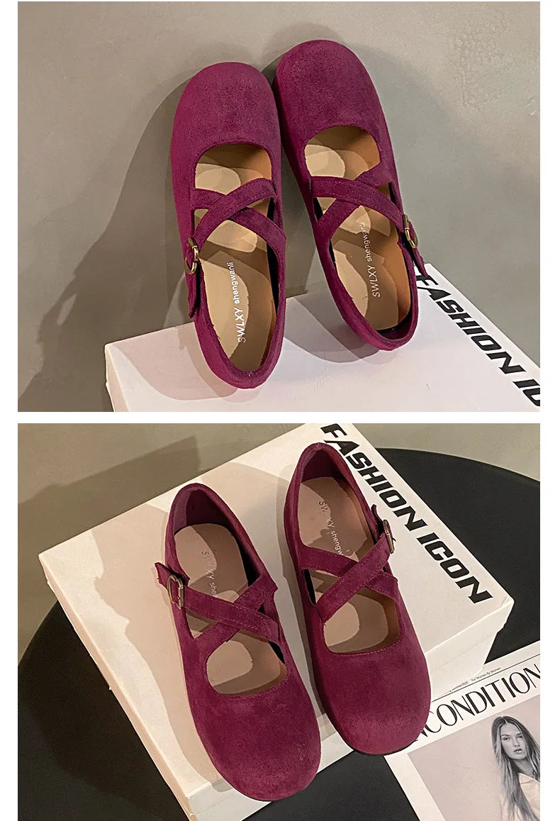 LBSFY -Retro Faux Suede Flat Internal Increase Women Dance Shoes 2025 Spring Autumn New French Casual Commuting Mary Jane Shoes Woman
