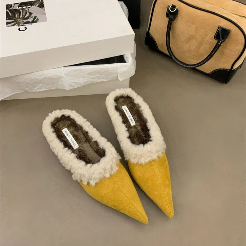 LBSFY  -  2024 Lamb Wool Inner Slippers Pointed End Imitation Suede Short Heel Outer Slippers Autumn/winter Color Block Woman Shoes 35-40