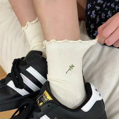 Lbsfy Women's Socks Spring Summer Antibacterial Cotton Socks Lace Socks Rolled Thin Mid-tube Sock Cute  Embroidered Seamless Non-slip