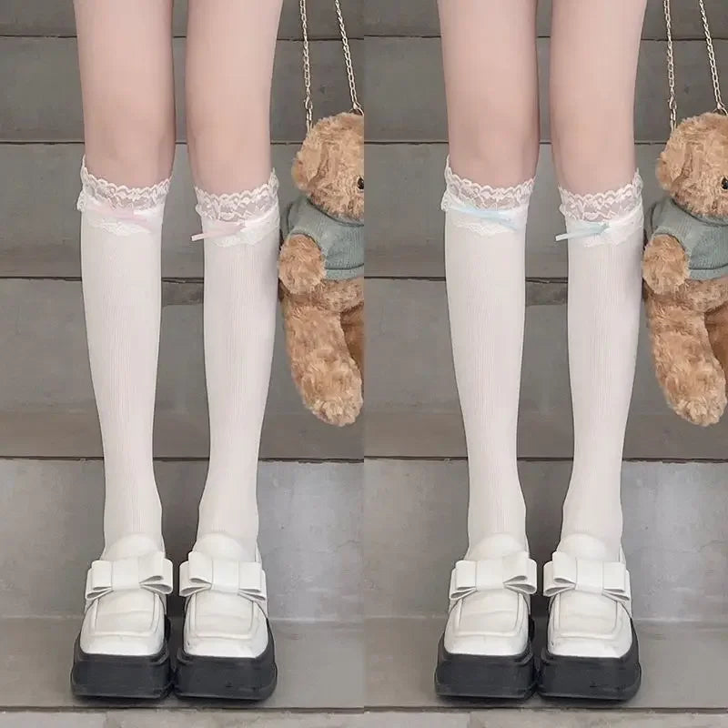Lbsfy Sweet Ruffle Calf Stockings Women Girls Y2K Bowknot Long Socks Nylon Princess Fishnet Leggings JK Lolita Lace Stripe Hosiery