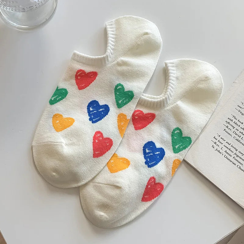 Lbsfy Spring Summer Socks Women's Combed Cotton Sweat Style Leisure Low Cut Love Print Invisible Socks Girls Gift Korean Street Sox