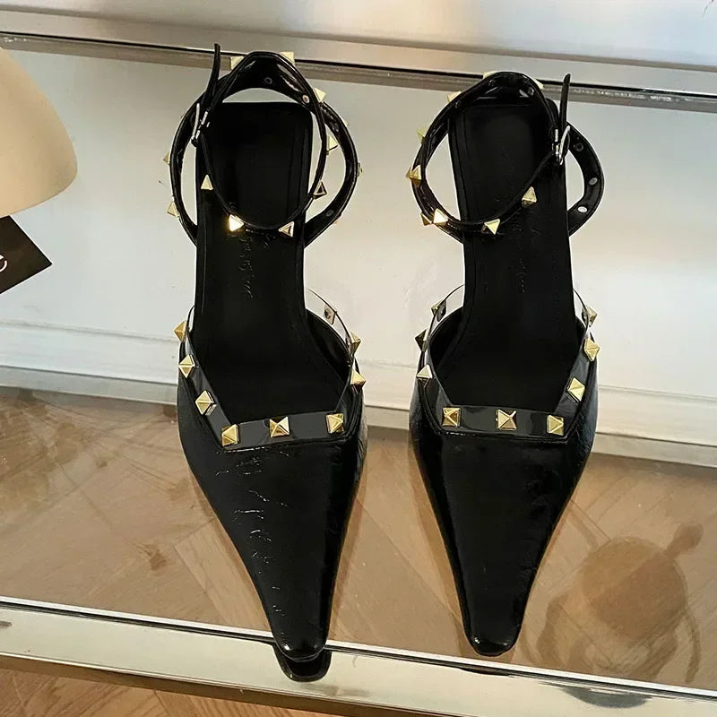 LBSFY  -  Gold Silver Rivet Designer High Heels Women Sexy Pointed Toe Leather Pattern Women Pumps Slingbacks Heeled Sandals Party Shoes