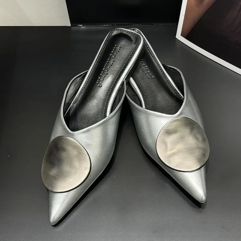 Lbsfy Women Slippers Designer Flat Sandals Summer Slides Non-slip Metallic Color Fashion Footwear Brand Pointed Toe Mules Ladies